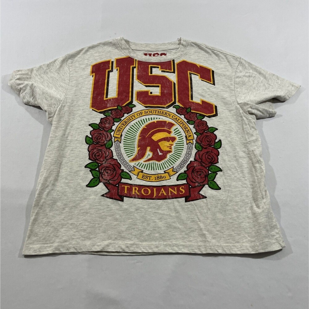 USC Trojans Football Womens Crop Top T-Shirt Boxy Fit Sorority Crew Gray Sz L